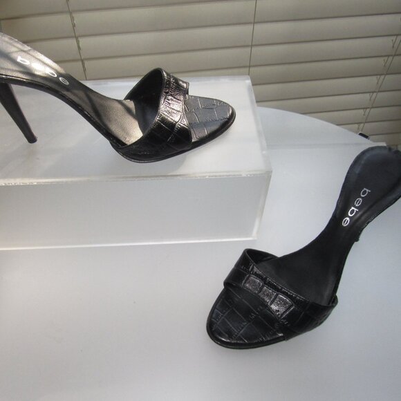 Bebe Black Croc-Embossed Slip-On Stiletto Heels | Sexy Minimalist Mules Size 9M - Picture 2 of 7